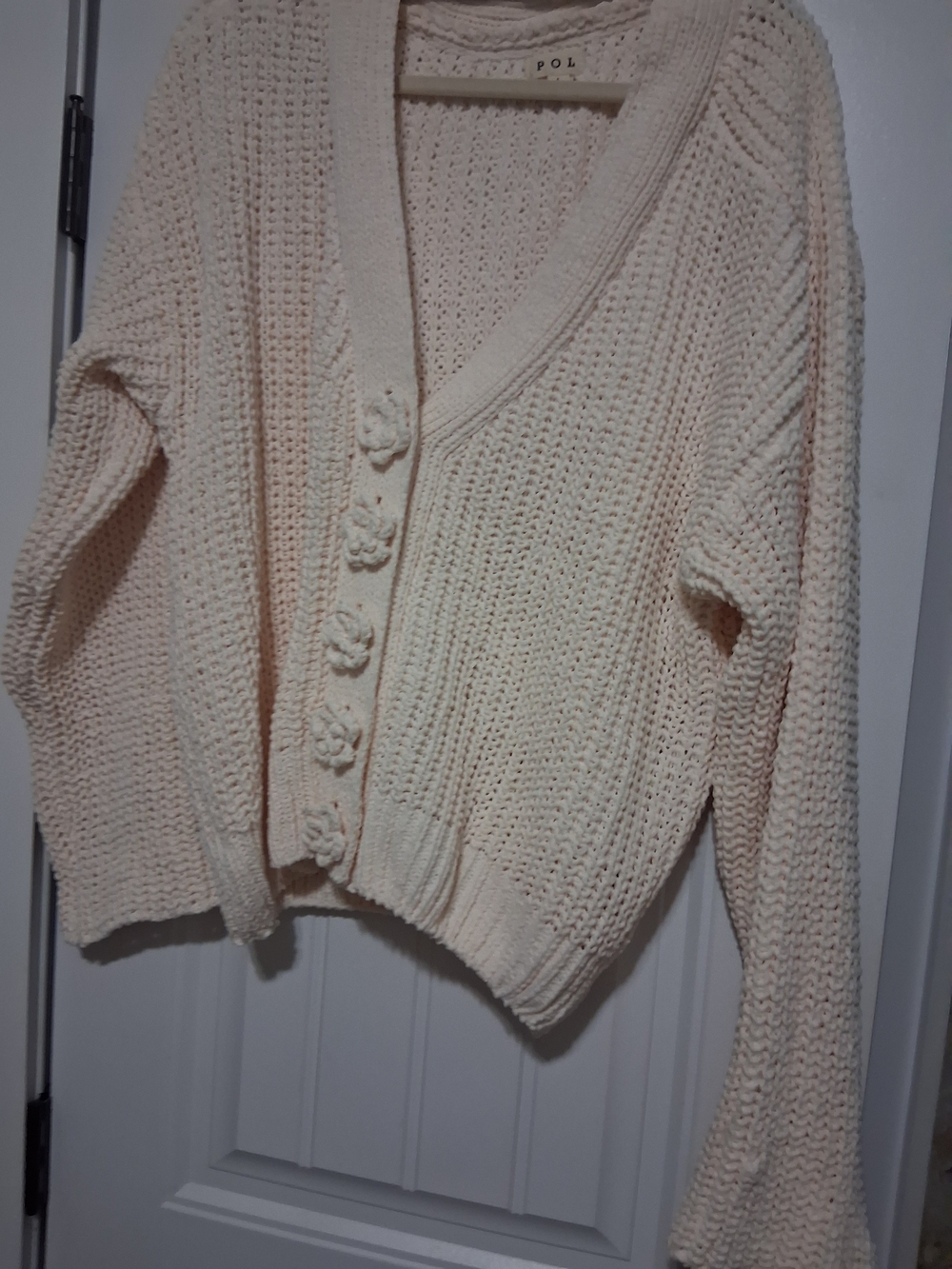 POL Cream Textured V-Neck Cardigan with Floral Buttons